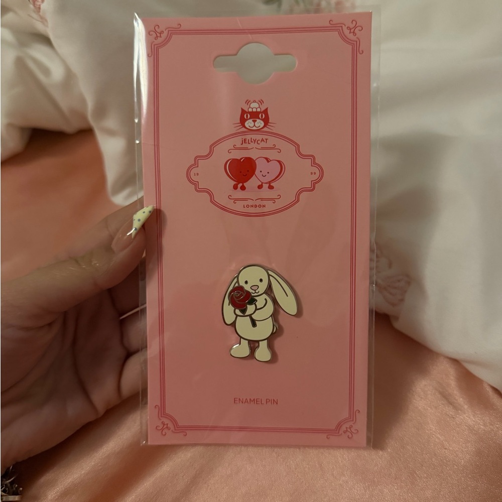 Jellycat White Bunny Enamel Pin with Red Rose
